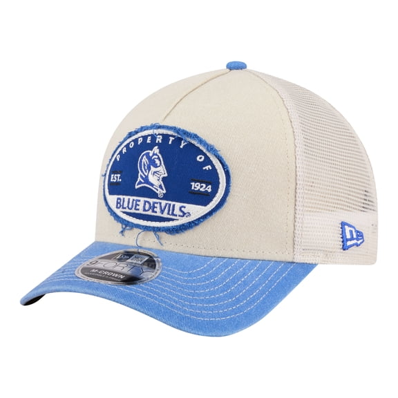 Men's New Era Stone/Royal Duke Blue Devils Frayed Patch 9FORTY M-Crown A-Frame Trucker Adjustable Hat
