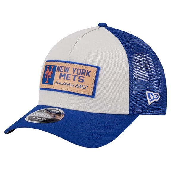 Men's New Era Stone/Royal New York Mets Text A-Frame Trucker 9FORTY Hat