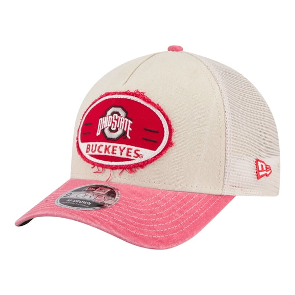 Men's New Era  Stone/Scarlet Ohio State Buckeyes Frayed Patch 9FORTY M-Crown A-Frame Trucker Adjustable Hat