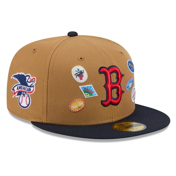 Men's New Era Tan Boston Red Sox Fruit Sticker 59FIFTY Fitted Hat
