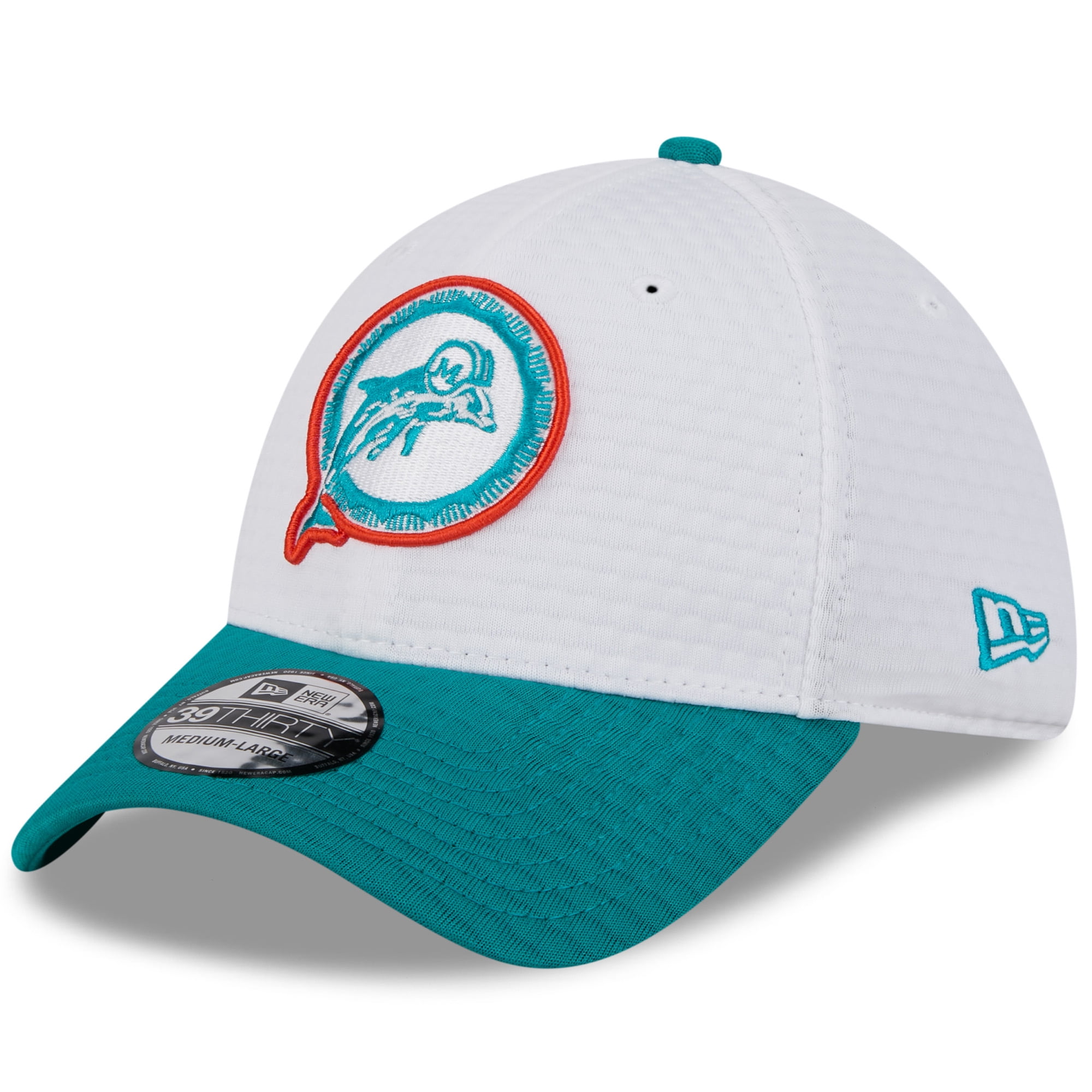 Men s New Era White Aqua Miami Dolphins 2024 NFL Training Camp 39THIRTY Flex Hat