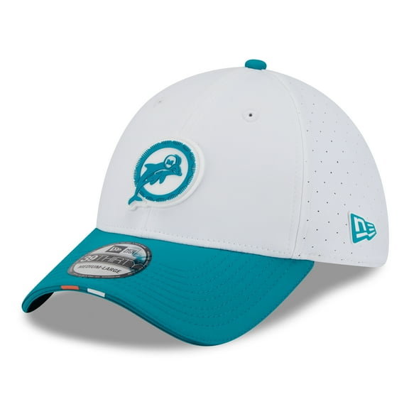 Men's New Era White/Aqua Miami Dolphins 2025 NFL Training Camp Throwback Logo 39THIRTY Flex Hat