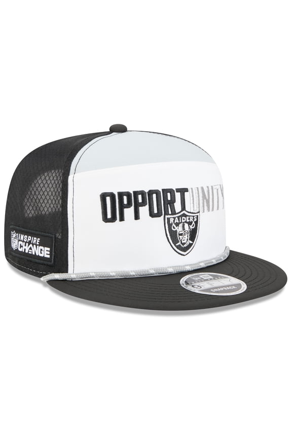 Men's New Era White/Black Las Vegas Raiders 2025 Inspire Change Split Panel 9FIFTY Snapback Hat