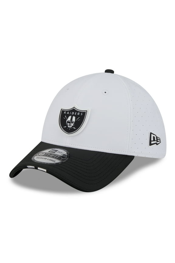 Men's New Era White/Black Las Vegas Raiders 2025 NFL Training Camp 39THIRTY Flex Hat