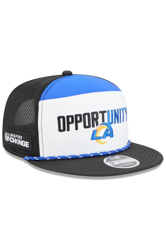 Men's New Era White/Black Los Angeles Rams 2025 Inspire Change Split Panel 9FIFTY Snapback Hat
