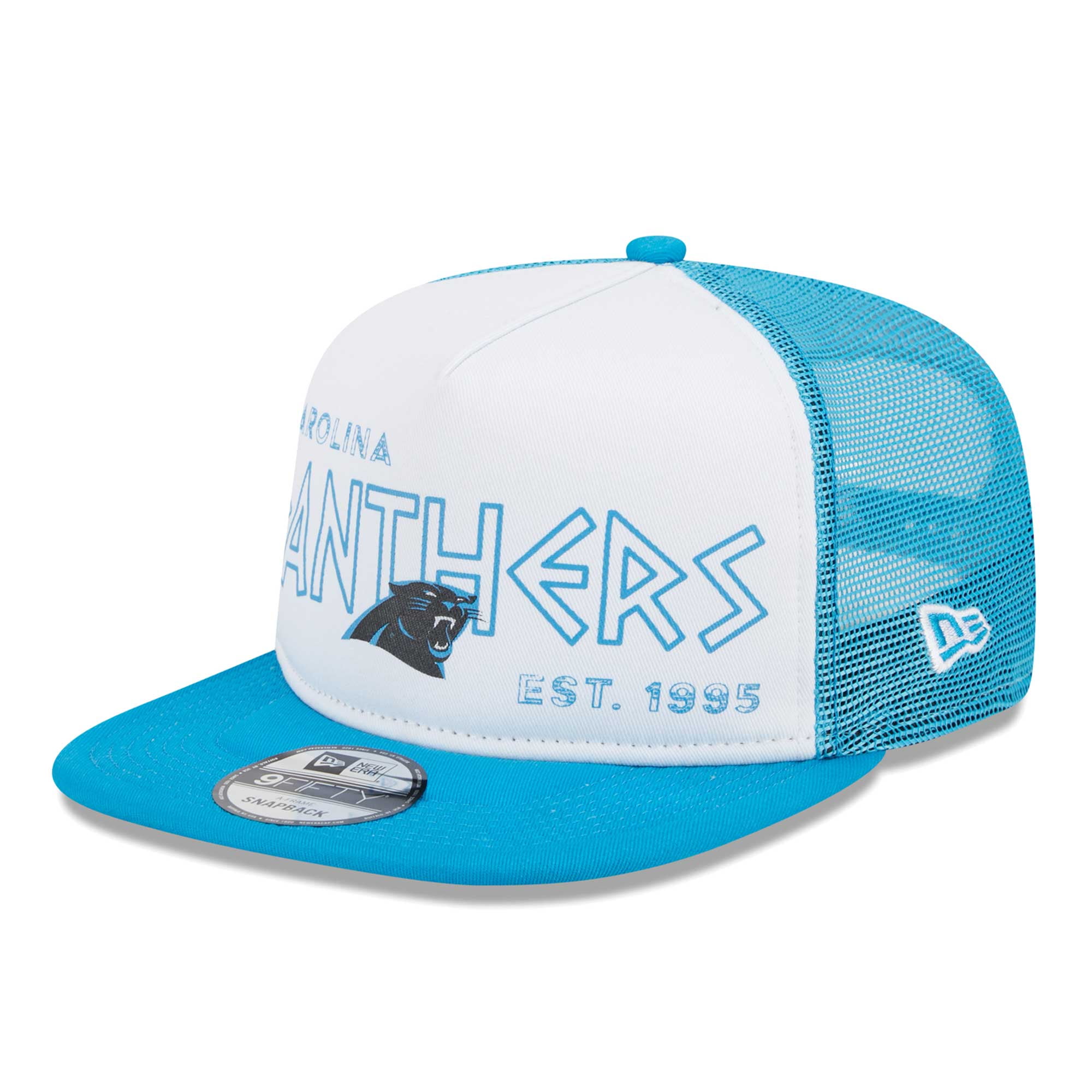 Men's New Era White/Blue Carolina Panthers Banger 9FIFTY Trucker