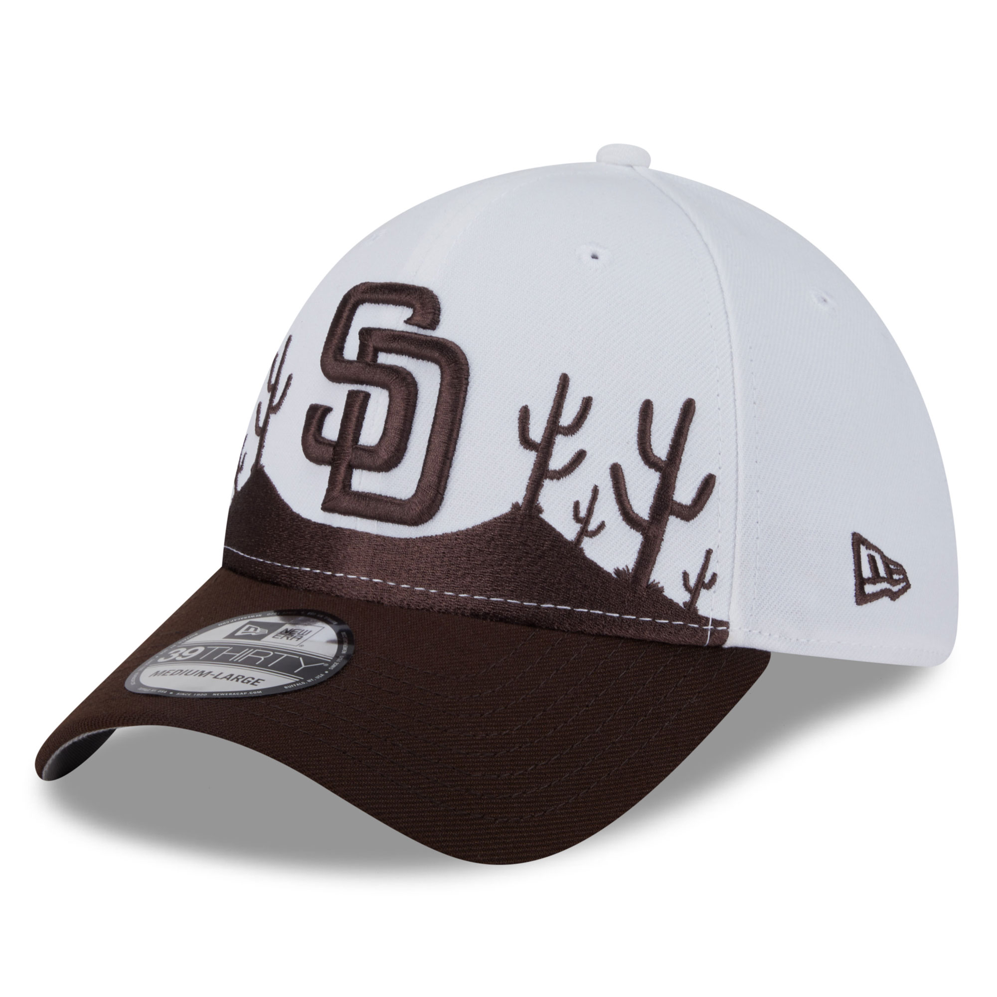 Men's New Era  White/Dark Brown San Diego Padres 2025 Spring Training Landscape 39THIRTY Flex Hat
