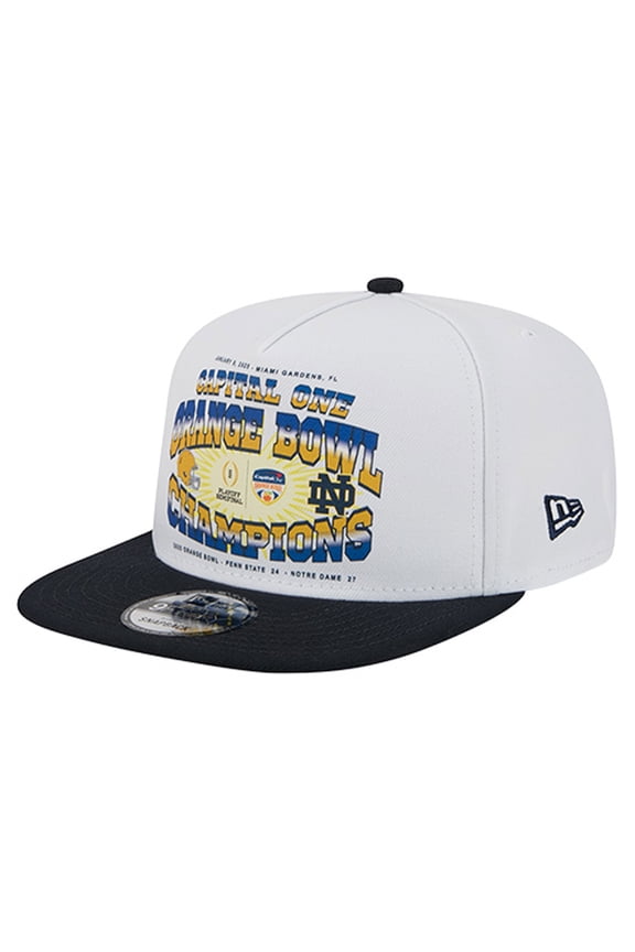 Men's New Era White/Navy Notre Dame Fighting Irish Retro 2025 Orange Bowl Champions 9FIFTY A-Frame Snapback Hat