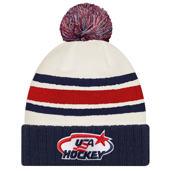 Men's New Era White/Navy US Hockey Milano Cortina 2026 Winter Olympics Striped Cuffed Knit Hat with Pom