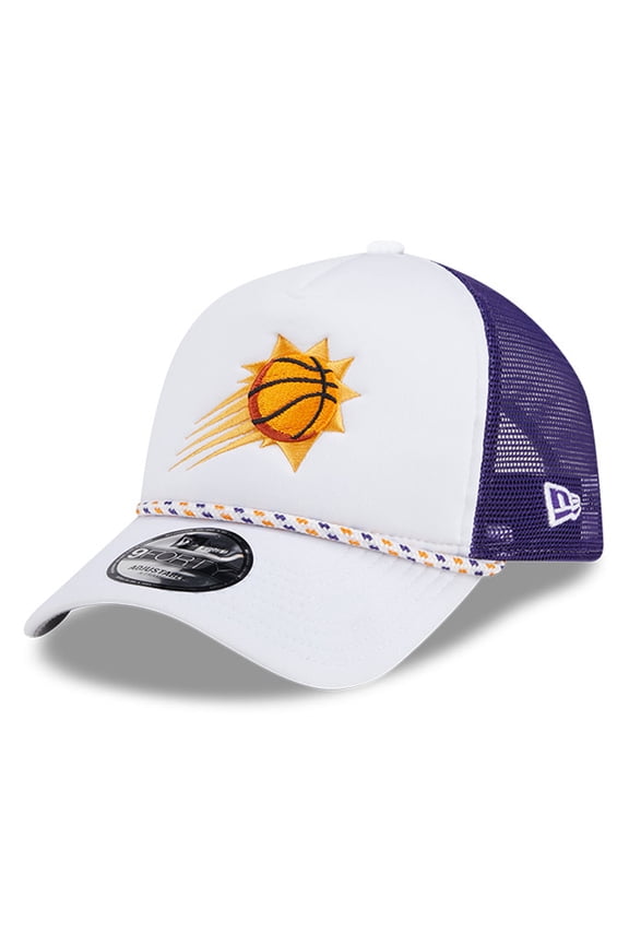 Men's New Era White/Purple Phoenix Suns Court Sport Foam A-Frame 9FORTY Adjustable Trucker Hat