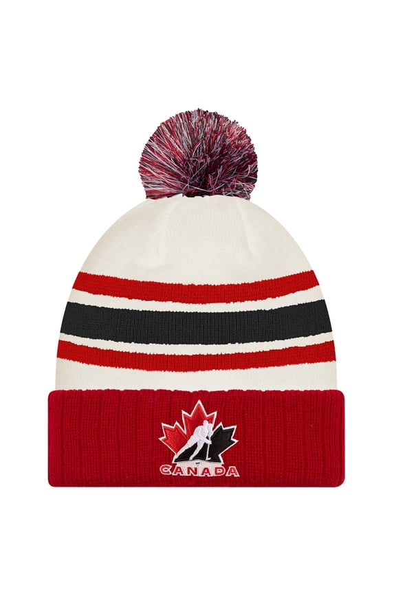 Men's New Era  White/Red Hockey Canada Milano Cortina 2026 Winter Olympics Striped Cuffed Knit Hat with Pom