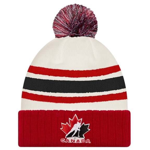 Men's New Era White/Red Hockey Canada Milano Cortina 2026 Winter Olympics Striped Cuffed Knit Hat with Pom