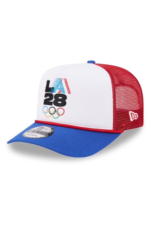 Men's New Era White/Red LA28 Summer Olympics Retro Stripe Rope A-Frame 9FIFTY Trucker Snapback Hat