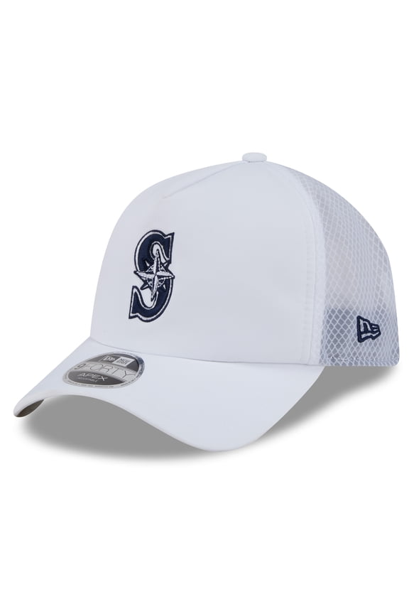 Men's New Era White Seattle Mariners 2026 Batting Practice Apex 9FORTY Adjustable Trucker Hat