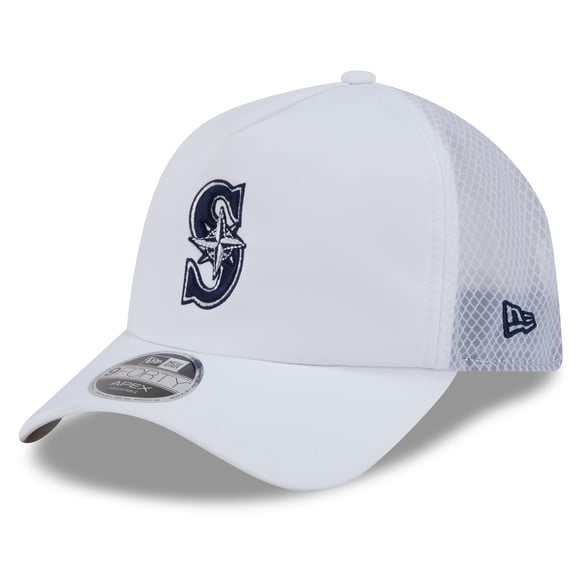 Men's New Era White Seattle Mariners 2026 Batting Practice Apex 9FORTY Adjustable Trucker Hat