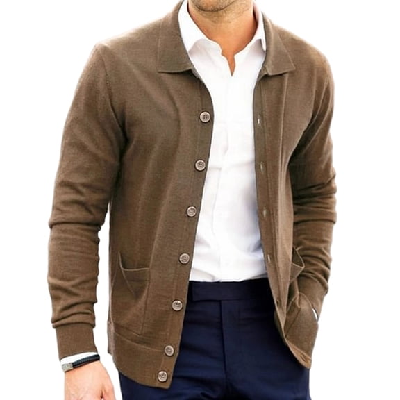 Men's New Lapel Loose Fashion Single-Breasted Cardigan Sweater Jacket, Brown, M