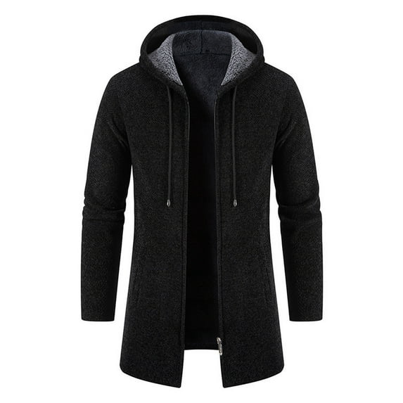 Men's New Mid-Length Fleece-Lined Hooded Knit Trench Coat, Plus-Size Stylish Casual Full-Zip, Black, Size L