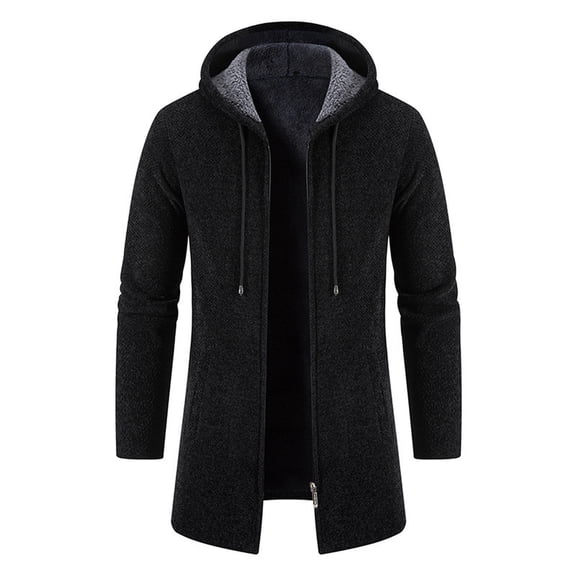 Men's New Mid-Length Fleece-Lined Hooded Knit Trench Coat, Plus-Size Stylish Casual Full-Zip, Black, Size M