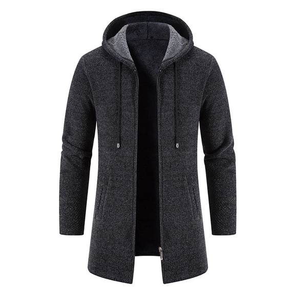 Men's New Mid-Length Fleece-Lined Hooded Knit Trench Coat, Plus-Size Stylish Casual Full-Zip, Dark Gray, Size M