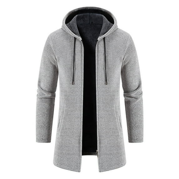 Men's New Mid-Length Fleece-Lined Hooded Knit Trench Coat, Plus-Size Stylish Casual Full-Zip, Light Gray, Size L
