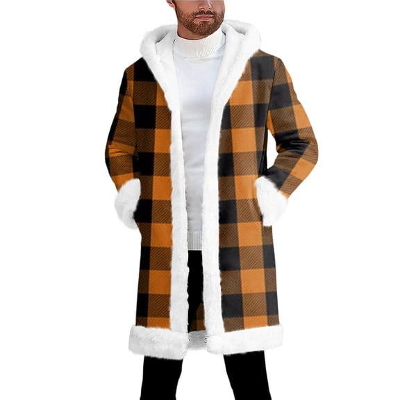 Men's New Plaid Hooded Cardigan - Long-Sleeve Warm Mid-Length Jacket, Ginger Yellow, S