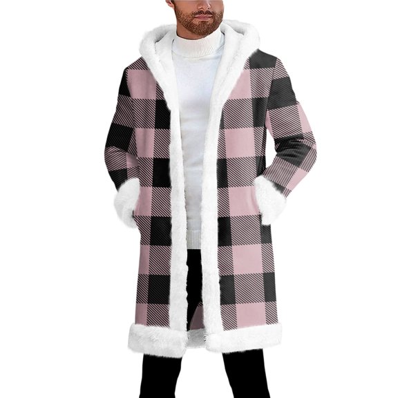 Men's New Plaid Hooded Cardigan - Long-Sleeve Warm Mid-Length Jacket, Pink, S