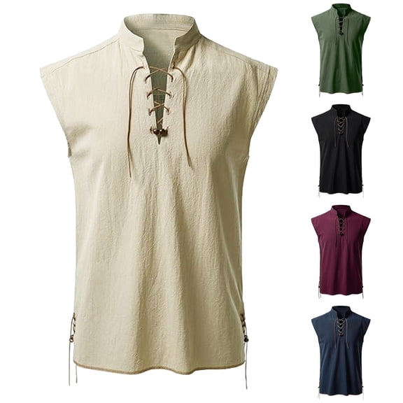 Men's New Shirt Improved Sleeveless Hippie Casual Beach Stand Up Collar Shirt Turndown Collar Tank Top Muscle Gym Tank Top