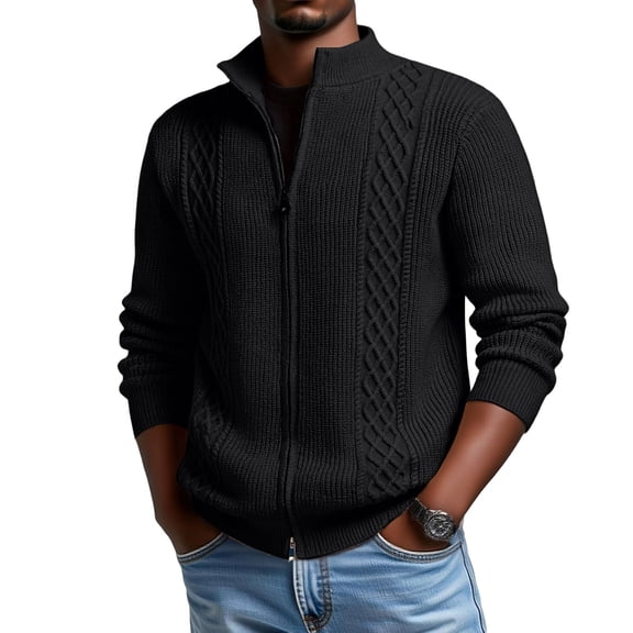 Men's New Slim-Fit Stand-Up Collar Leisure Knit Cardigan Sweater - Black XXXL