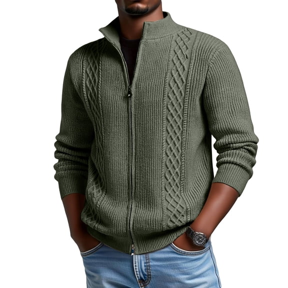 Men's New Slim-Fit Stand-Up Collar Leisure Knit Cardigan Sweater - Dark Green XL