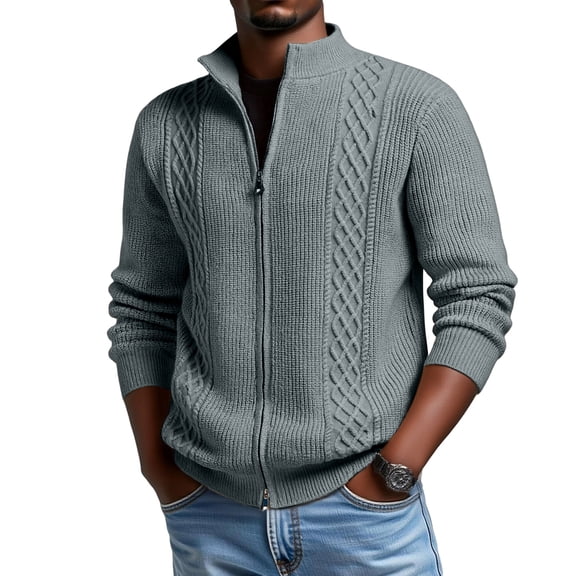 Men's New Slim-Fit Stand-Up Collar Leisure Knit Cardigan Sweater - Gray XL