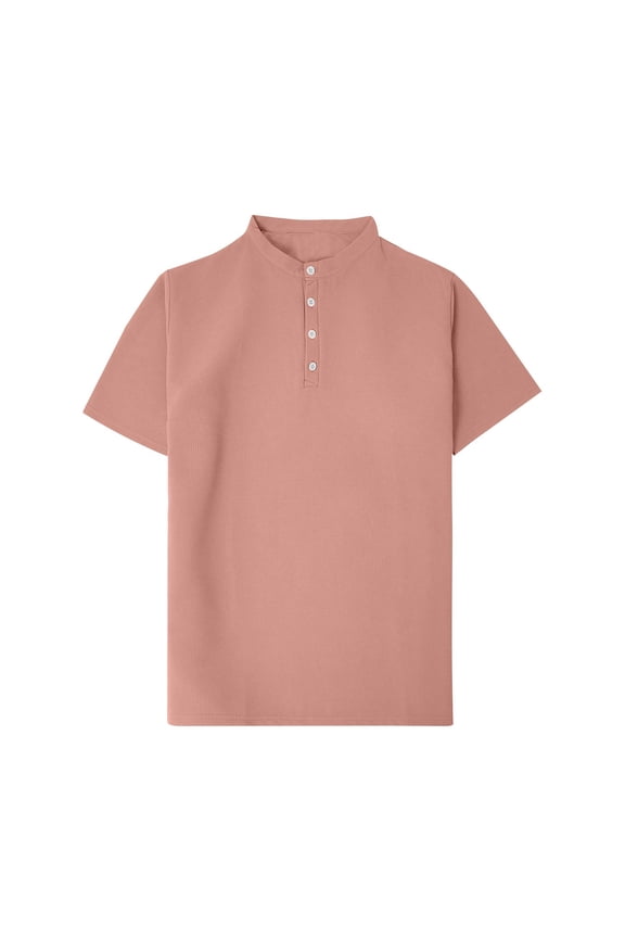 Men's New Small Check Knitted Henley Short Sleeve T-Shirt, Button Placket Cool Casual, Soft Fabric, Lightweight,Pink,L