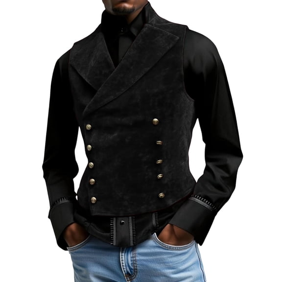 Men's New Stand-Up Collar Double-Breasted Suit Vest - Black L