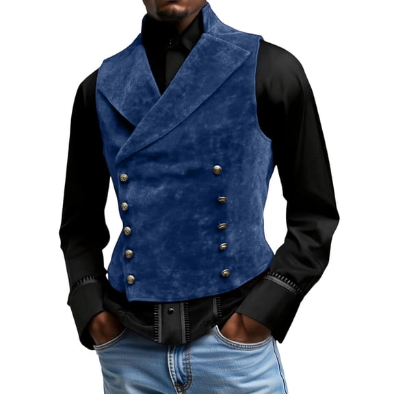 Men's New Stand-Up Collar Double-Breasted Suit Vest - Navy Blue XL