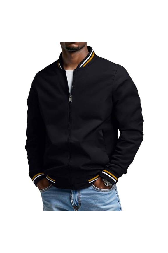 Men's New Stand-Up Collar Leisure Double-Stripe Jacket - Black XXXL