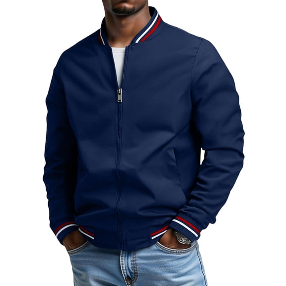 Men's New Stand-Up Collar Leisure Double-Stripe Jacket - Navy Blue XXXL