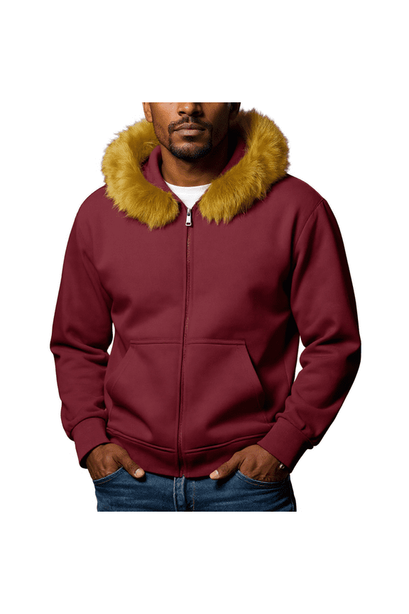 Men's New Style Warm Hooded Fur-Collar Jacket, Fuchsia, Size XXXL