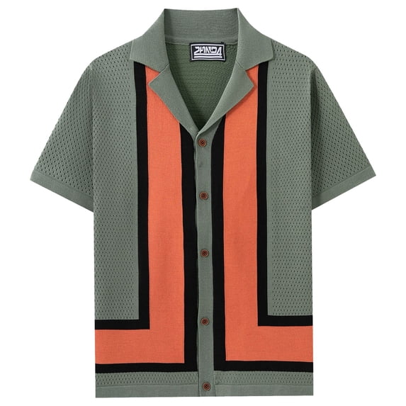 Men's New Summer Striped Ice Silk Shirt, Color Contrast, Lapel, Cut Out Design, for Work & Casual, Multiple Sizes