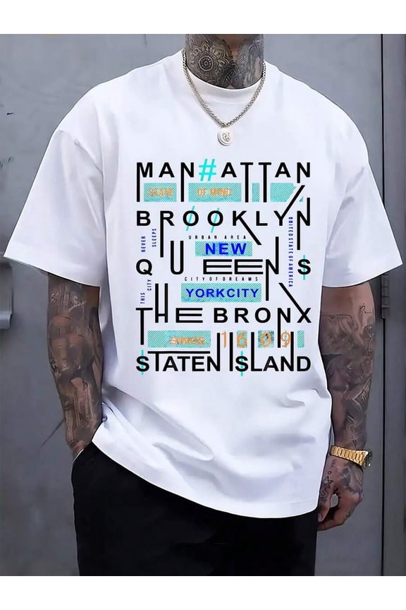 Men's New York Borough Graphic Print T-Shirt - Regular Fit Short Sleeve Casual Tee With Bold # Manhattan Brooklyn Queens Bronx NYC Streetwear Design, 95% Polyester 5% Elastane Blend, L