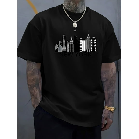 Men's New York City Skyline & Bold Letter Graphic T-Shirt - Light Blue Streetwear Casual Short Sleeve Tee, Regular Fit Summer Top with Ribbed Collar, Hand Wash Only, New York T Shirt