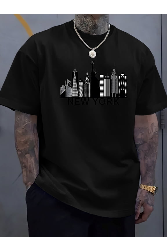 Men's New York City Skyline & Bold Letter Graphic T-Shirt - Light Blue Streetwear Casual Short Sleeve Tee, Regular Fit Summer Top with Ribbed Collar, Hand Wash Only, New York T Shirt