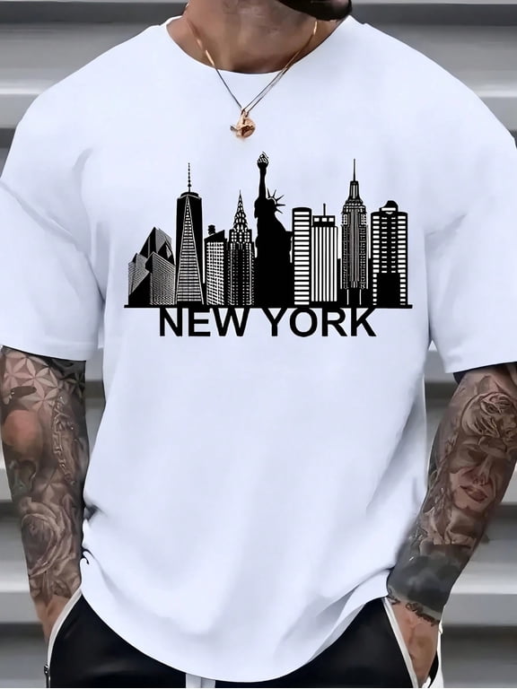 Men's New York City Skyline Graphic Short‑Sleeve T‑Shirt, Casual Crew Neck Cityscape Print Lightweight Summer Basic Tee, Mens Everyday Tops