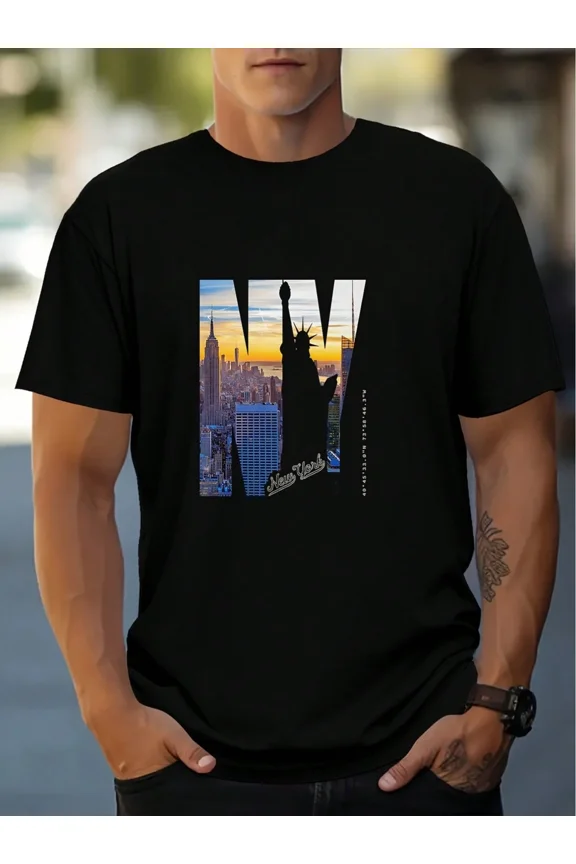 Men's New York City Skyline Graphic T-Shirt, NYC Statue of Liberty Black Short Sleeve Tee