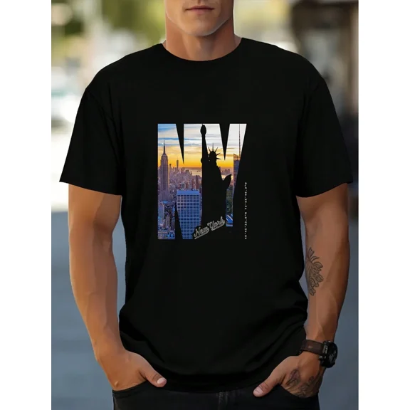 Men's New York City Skyline Graphic T-Shirt, NYC Statue of Liberty Black Short Sleeve Tee