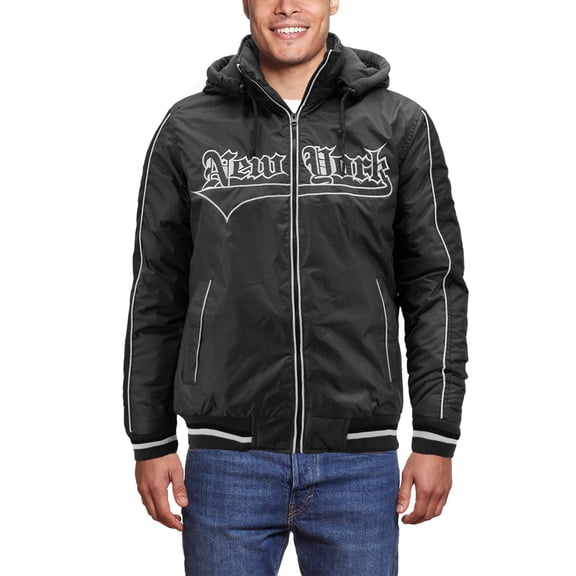 Men's New York Fleece Lined Removable Hood Windbreaker Zipper Puffer Jacket (Black, S)