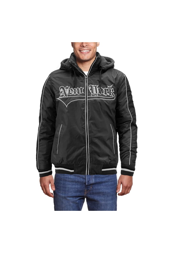 Men's New York Fleece Lined Removable Hood Windbreaker Zipper Puffer Jacket (Black, XL)