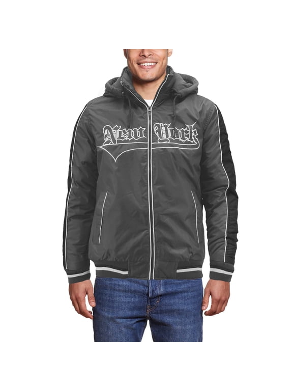 Men's New York Fleece Lined Removable Hood Windbreaker Zipper Puffer Jacket (Charcoal, M)