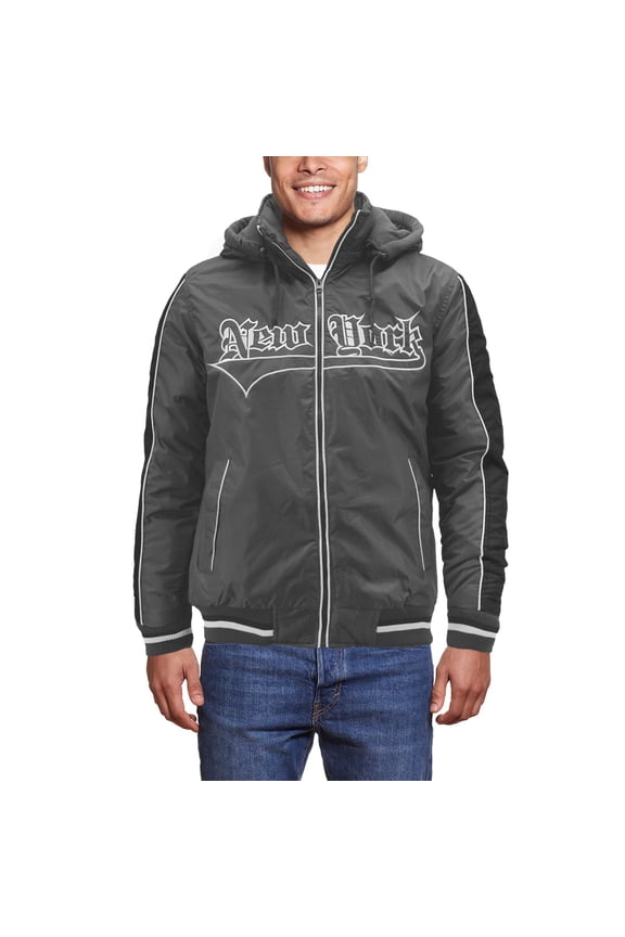 Men's New York Fleece Lined Removable Hood Windbreaker Zipper Puffer Jacket (Charcoal, S)