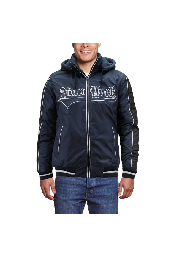 Men's New York Nylon Lined Removable Hood Windbreaker Zipper Puffer Jacket (Navy, L)
