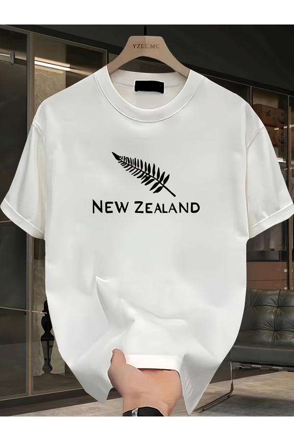 Men's New Zealand Graphic Cotton T-Shirt - Dark Green Casual Loose Short Sleeve T-Shirt with Bold Letter Print, 100% Cotton, Machine Washable, Great for Casual Wear, Cotton T-Shirt