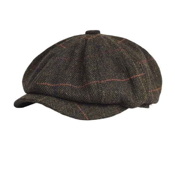 Men’s Newsboy Cap Herringbone Wool Plaid Pattern Octagonal Cap Classic Vintage Adjustable Casual Hat